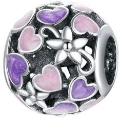 Ażurowy charms Fioletowo różowe serca s925