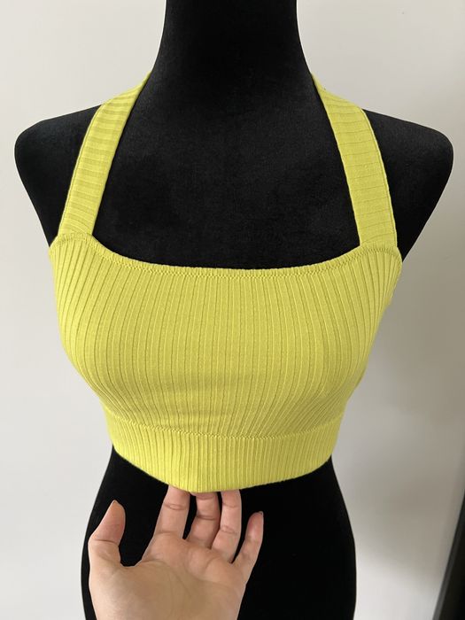Żółta, krótka bluzka, crop top, biustonosz, stanik, prążki, Etam, S