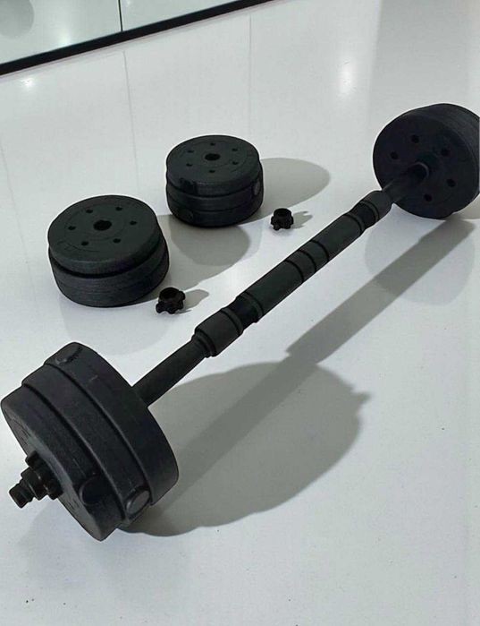 Hantle bitumiczne + łączona sztanga 10kg x2 - Zzestaw do ćwiczeń 20kg