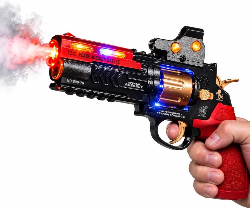 Pistolet Zabawka Z Lufą LED Dymiący Świecący Na Baterie