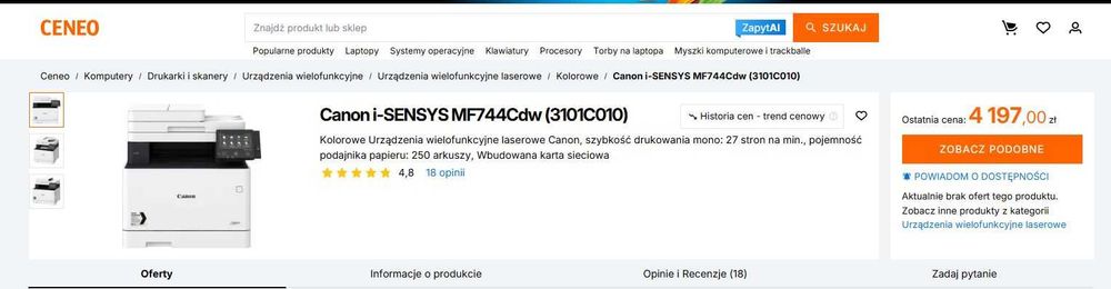 Drukarka kolorowa Canon i-SENSYS MF746Cdw LASER KOLOR A4