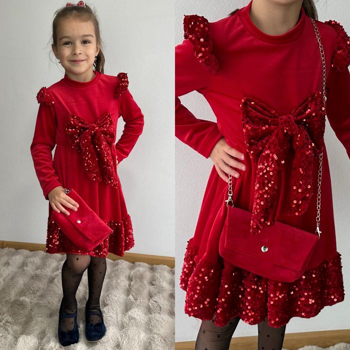 Czerwona sukienka dla dziewczynki z torebką Welurowa z cekinami