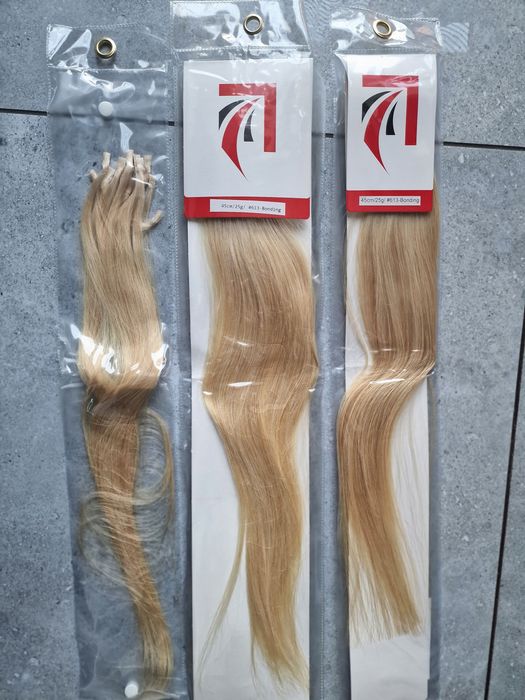Włosy naturalne, jasny blond, keratyna, nowe, 45cm
