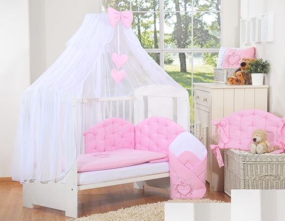 Conjunto de berço : suporte, veu, capa edredon, fronha, protetor