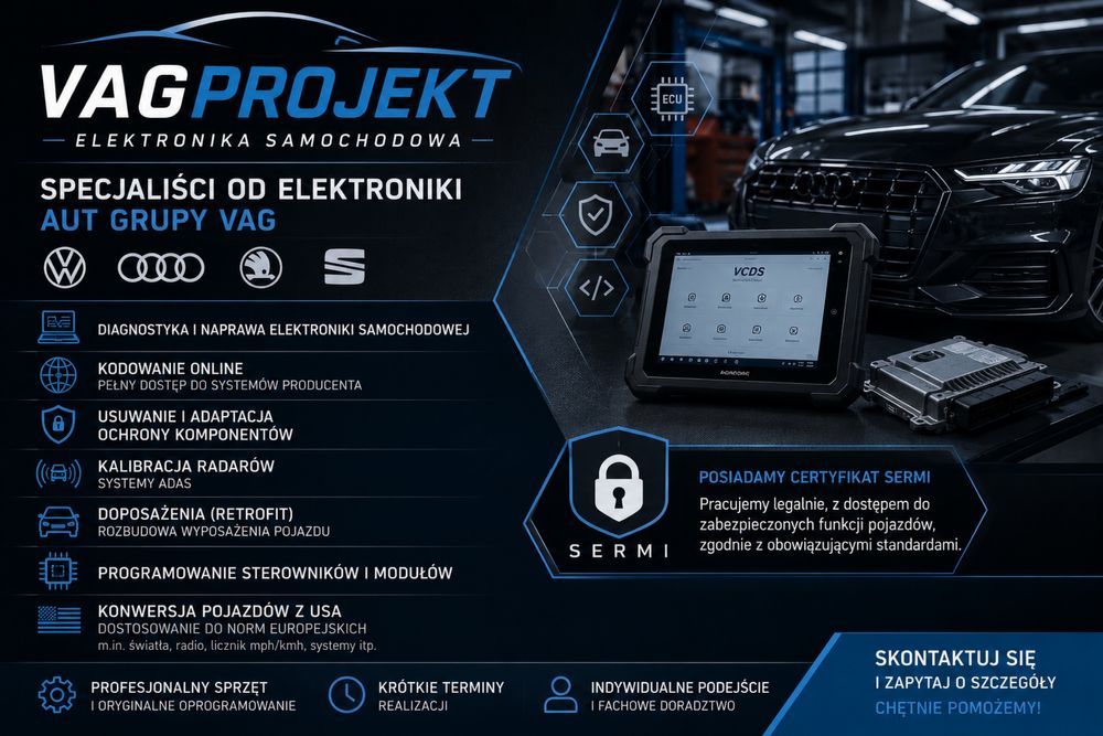 Elektronika samochodowa VAG Ochrona komponentu konwersja USA Kalibracja radarów ADAS Doposazenia AUDI VW SEAT SKODA