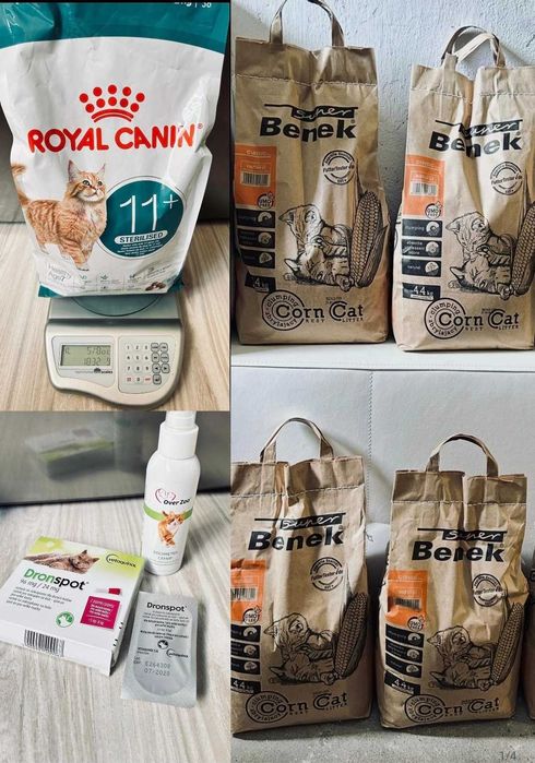 Żwirek Benek, Royal Canin 11+ sterilised, kocimiętka, Dronspot roztwór do nakrapiania dla dużych kotów