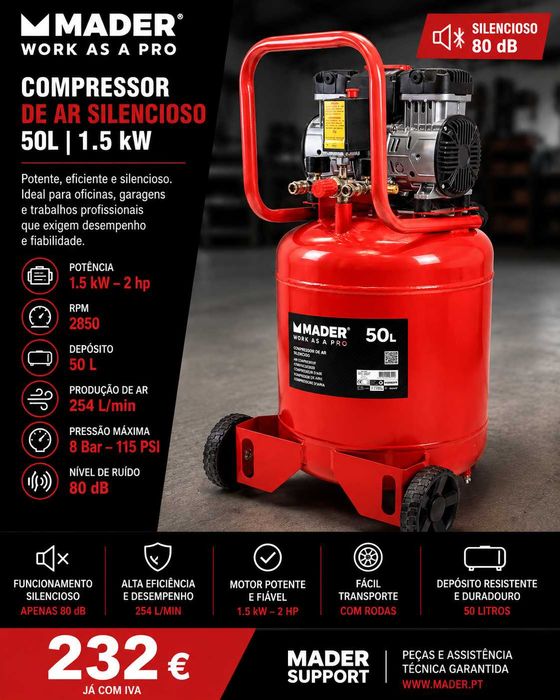Compressor de Ar Silencioso MADER 50L 1.5 kW 254 L/min 8 Bar LL29
