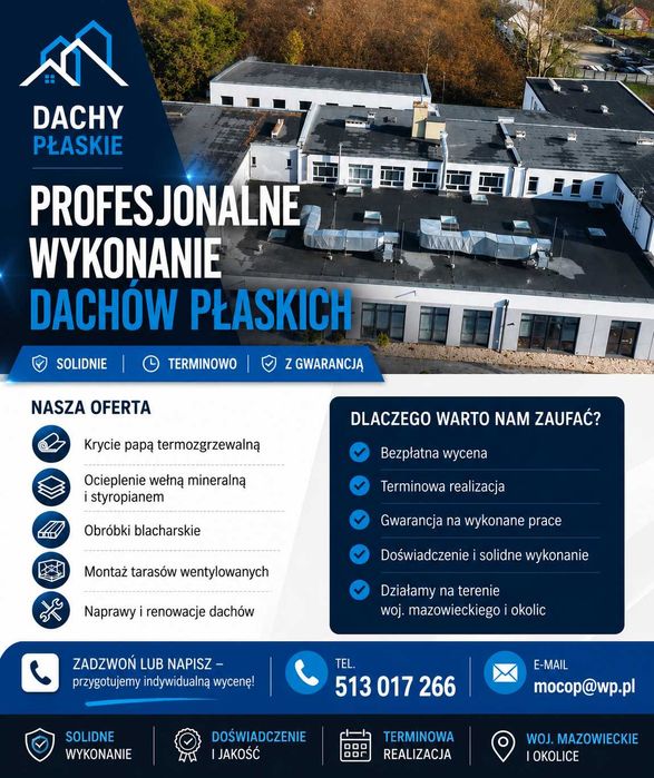 Dachy płaskie – papa termozgrzewalna | Ocieplenia | Obróbki blacharskie Kompleksowe wykonanie dachów płaskich – woj. mazowieckie