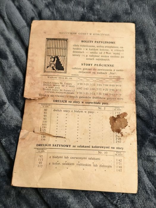 Cennik towarów tkackich z 1912