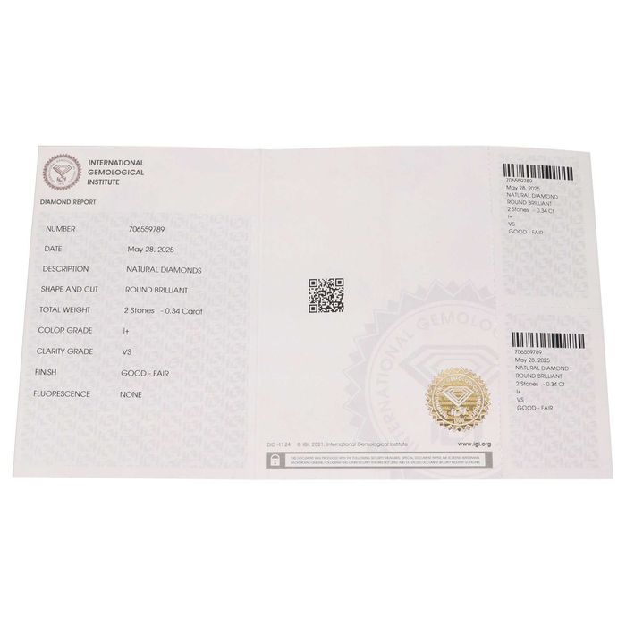 Brylanty-Diamenty 2. szt nowe, 0.34 ct-okrągły-I+,VS-certyfikat (IGI)