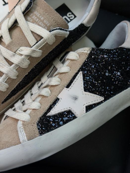 Повний комплект! Жіночі кросівки Golden Goose Super-Star in black glitter with cream  голден гус блискучі