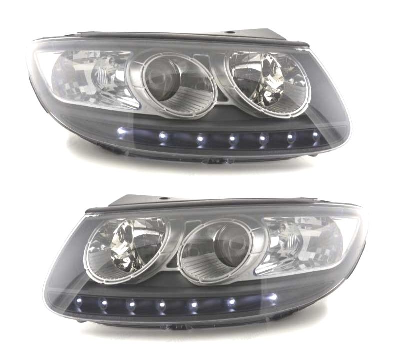 FARÓIS HYUNDAI SANTA FE 06-11 OLHOS DE ANJO LUZ DIURNA FUNDO NEGRO
