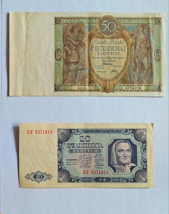 Zestaw 3x 50 zł 1929 + 20 zł 1948 r.