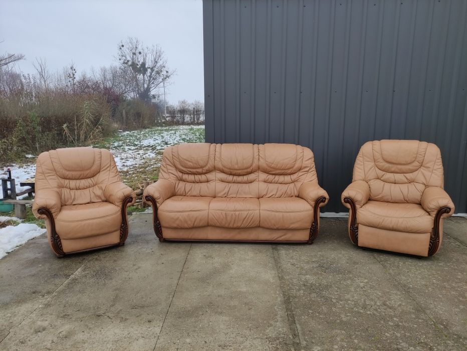 Sofa skórzana 3-osobowa+fotel+fotel relax- skóra naturalna i drewno!