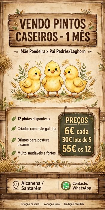Pintos com 1 mês, mãe poedeiras pai Pedrês/Legorn