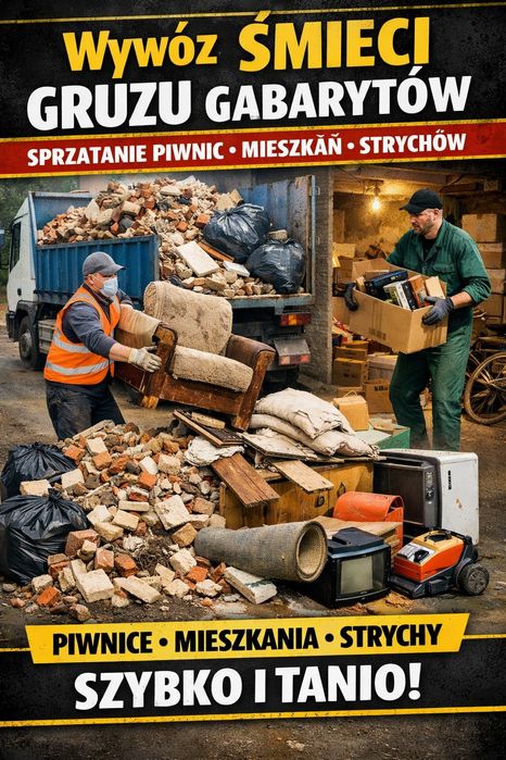 Wywóz śmieci gruzu gabarytowych sprzątanie piwnic  mieszkań strychów