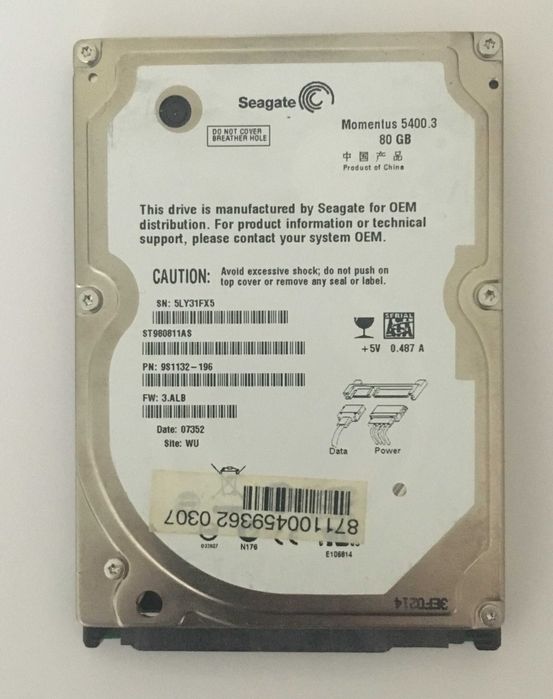 Seagate Momentus 80 GB 2.5" SATA Hard Drive (5400.3 RPM, Model ST980811AS)64297675100929120