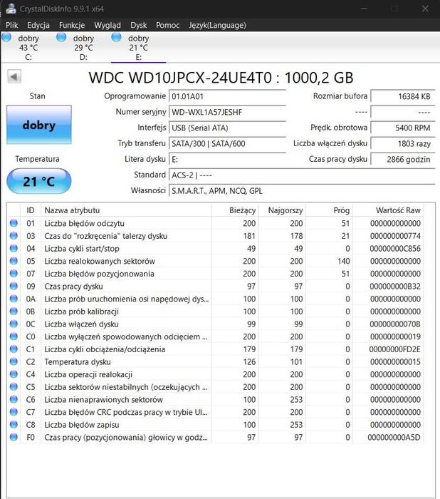 Dysk HDD firmy WD (WD10JPCX) 1 TB