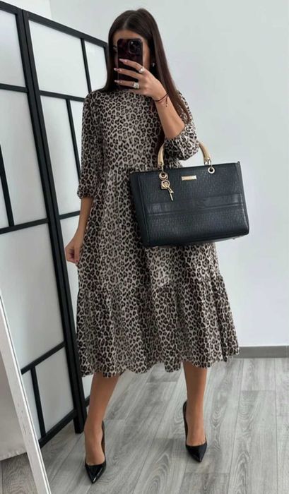 Zara sukienka midi w panterke falbanki S/M