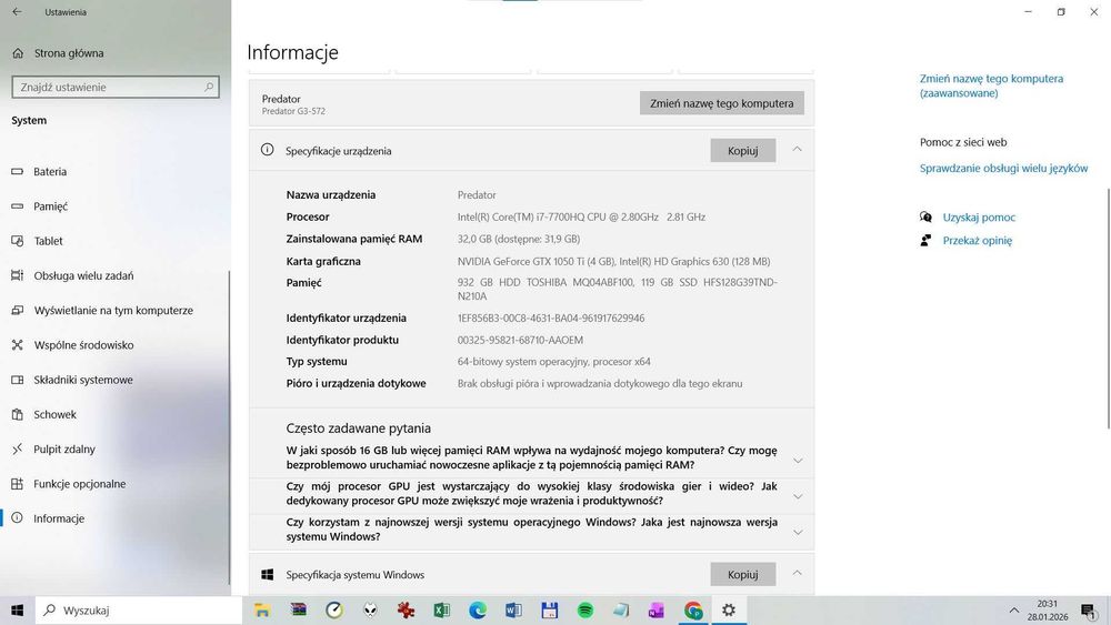Laptop ACER Predator Helios 300 i7-7700HQ 1050Ti 32GB