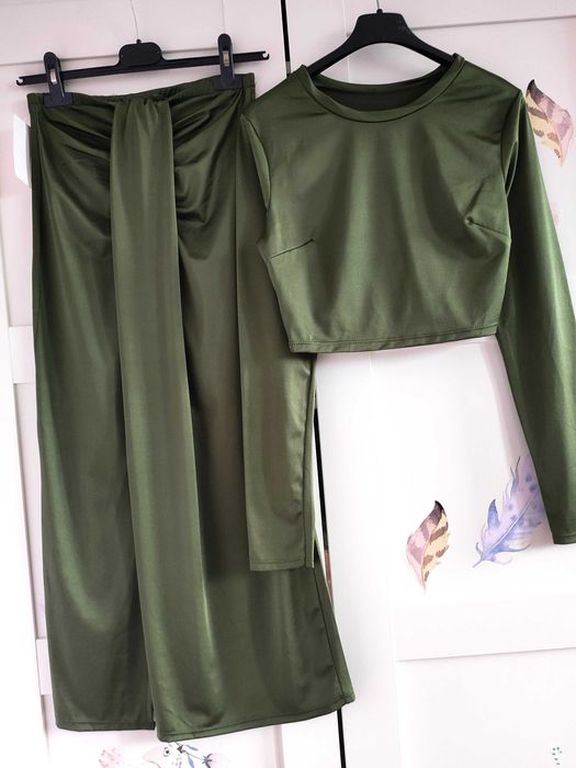Ekstra zestaw crop top + spódnica midi maxi metaliczne khaki S M