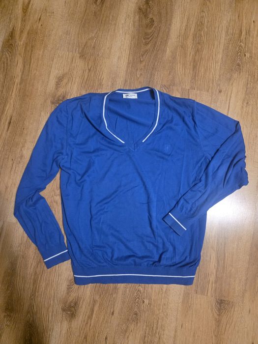 Królewsko Niebieski Sweter Yves Saint Laurent YSL Dekolt V Paski L