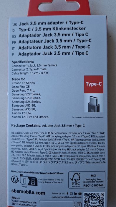 Adaptador SBS usb-c jack 3.5 mm