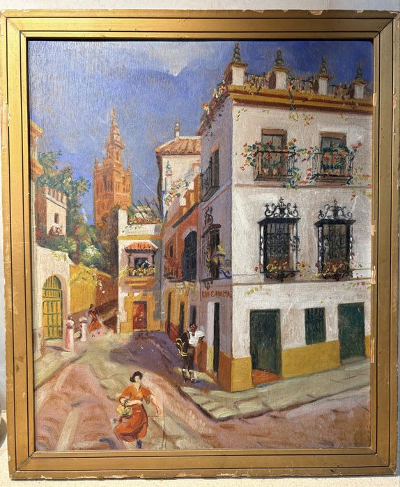 Linda antiga pintura paisagem de Sevilha em óleo sobre madeira de 1951