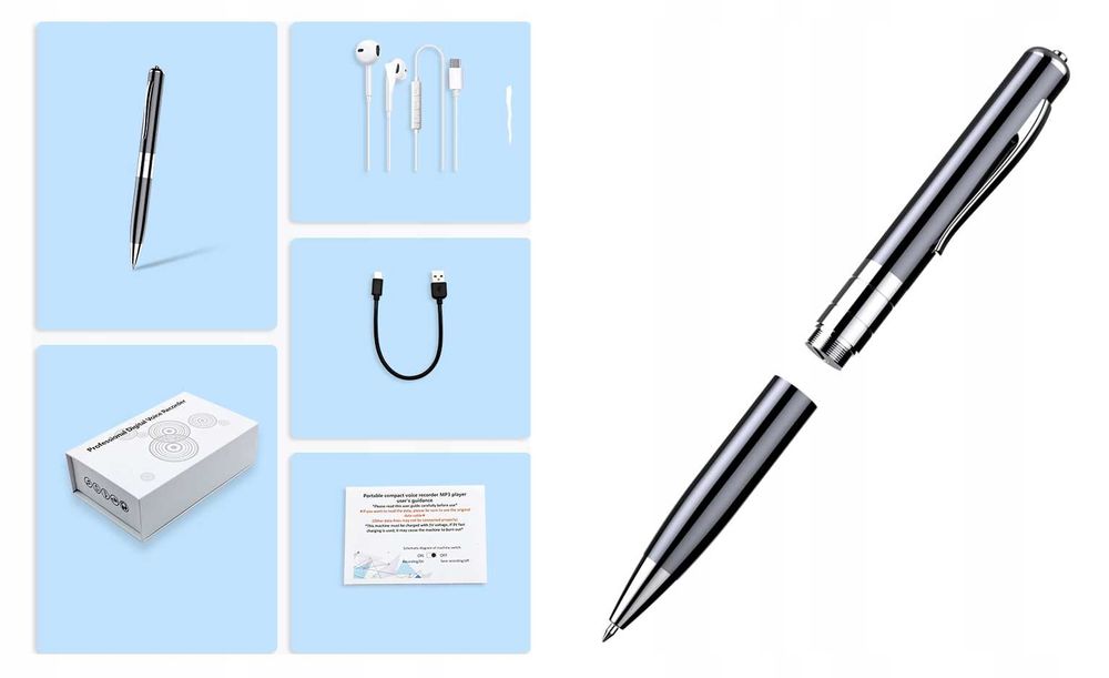 Dyskretny Dyktafon Szpiegowski w Długopisie - Nagrywaj do 15H + 8GB