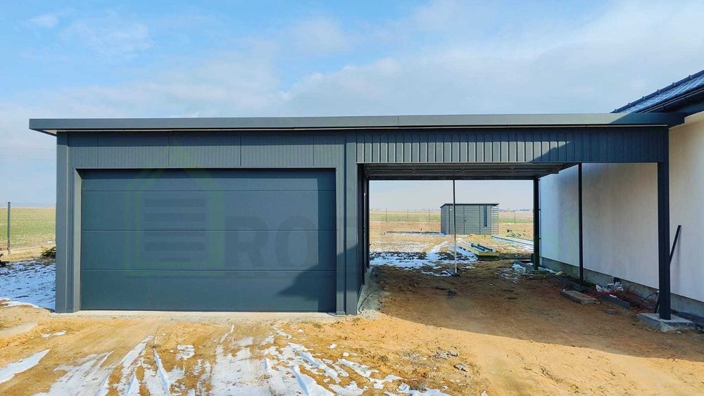 Garaż ocieplany z płyt warstwowych 4x6 + wiata 4x6 GARAŻE NA WYMIAR