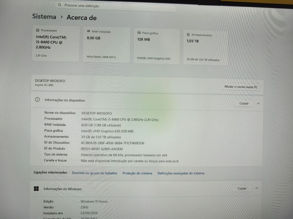 Acer Aspire XC_885 Intel Core I5+ 8400