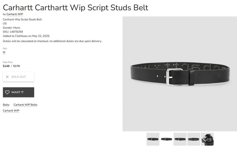 Вінтажний шкіряний ремінь Carthartt WIPP Script Studs Belt,США - S-M