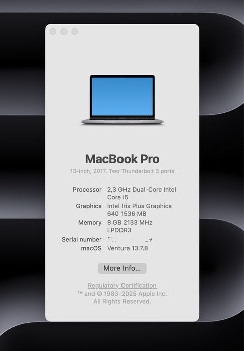Macbook Pro 2017 13” 8GB 250GB