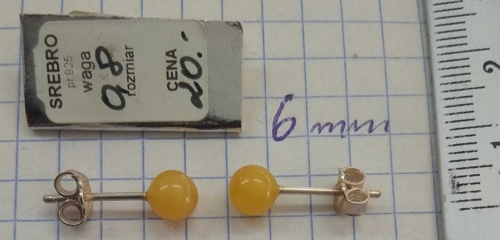 Kolczyki Kulki z bursztynu Bałtyckiego Średnica 6mm Srebro 925 NOWE