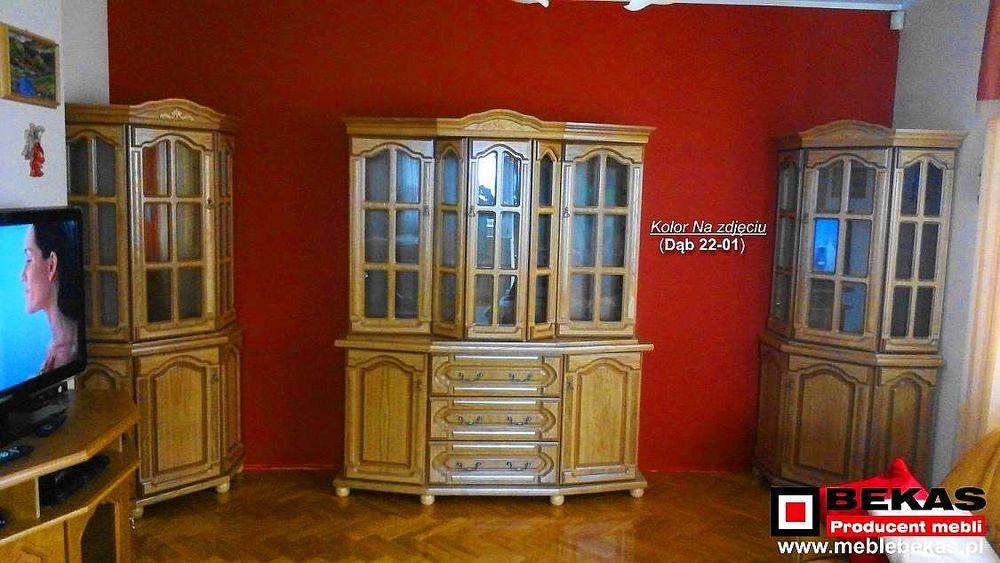 Prześliczny Dębowy Komplet Komoda RTv i Dwie Witryny Narożne Bekas