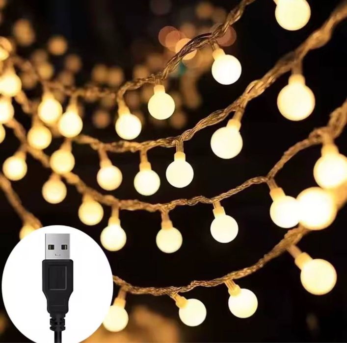 5м 10м Гірлянда Капля роси USB на батарейках світлодіодна нитка пульт, 6м 40 лампочок Гирлянда кульки Матові Прозорі шаріки USB Штора роса Біла Жовта