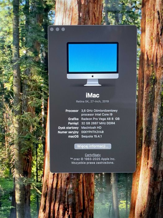 iMac Retina 5k, 27cali, 2019, Intel Core i9, 32GB RAM