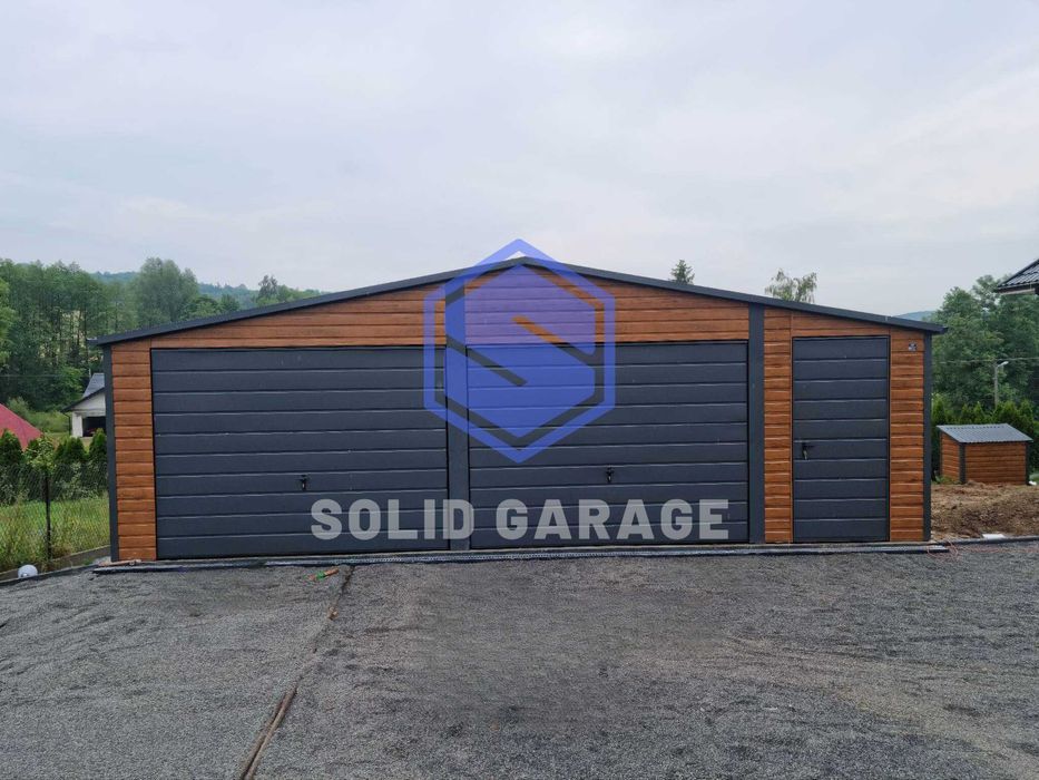 Garaż blaszany dwustanowiskowy drewnopodobny 8x6m (automat, filc)