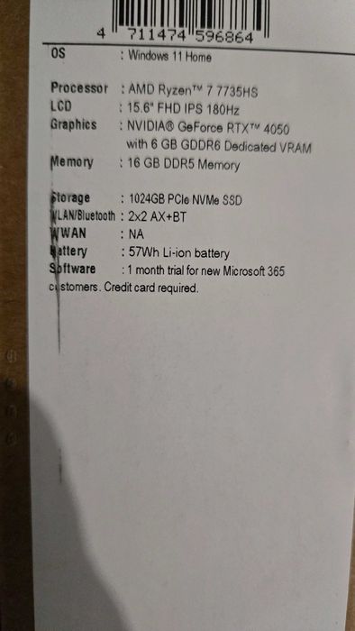 Portátil Gaming Acer Nitro V 15 Ryzen 7 7735 / 16GB DDR5 / 1Tb / 4050