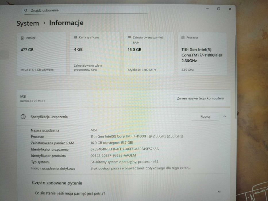 MSI Katana GF76 – i7 / RTX 3050 Ti / 16GB RAM / 512GB SSD