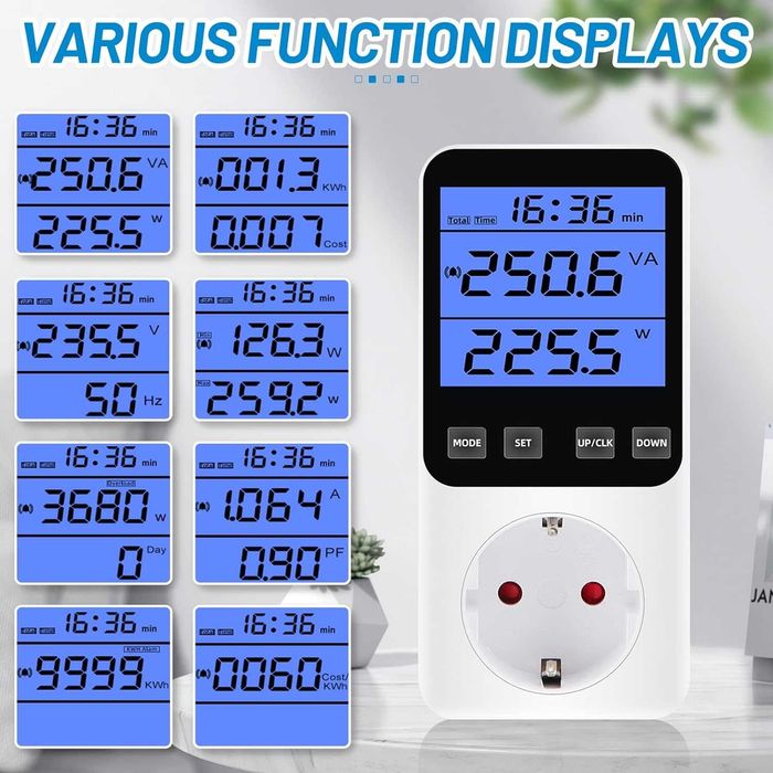 Watomierz, miernik mocy z funkcją pomiaru zużycia i kosztów energii.