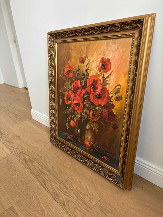 Obraz maki olejny 60x50 w ramie zdobionej