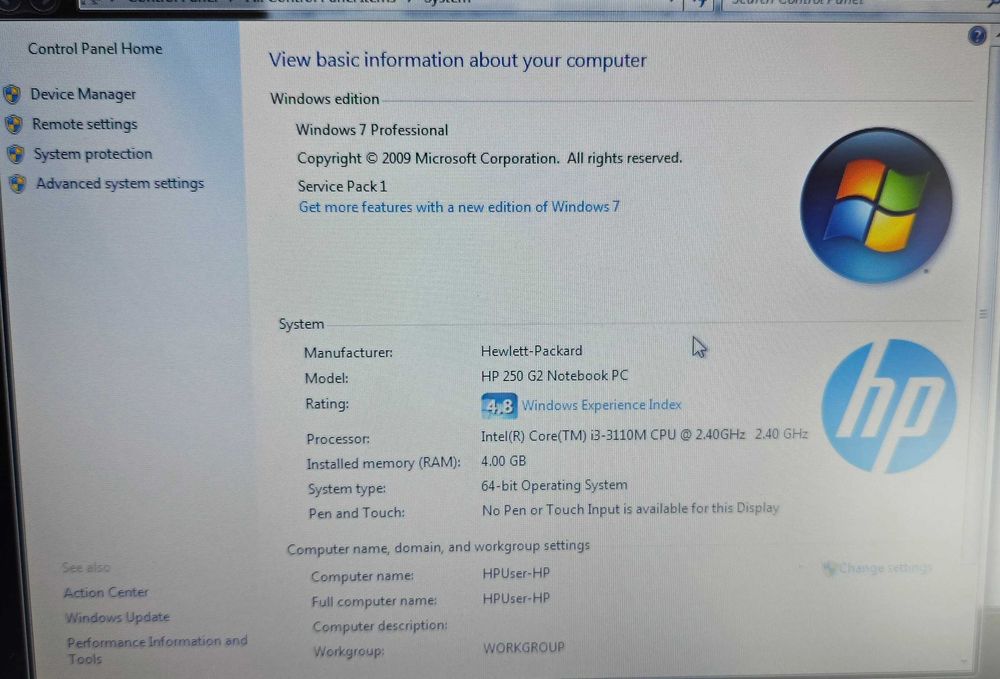 HP 250 i3 4GB Ram 250HDD laptop
