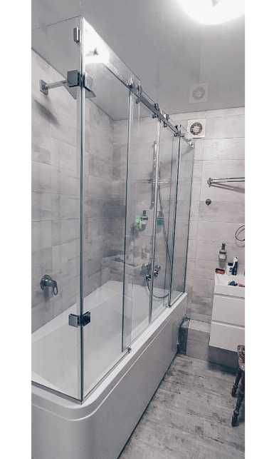 Скляні перегородки, душові кабіни, екрани у ванну, розсувні двері тощо