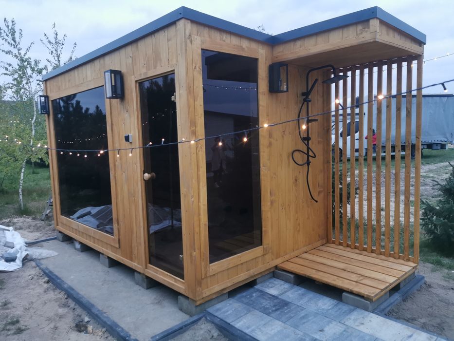 Sauna Ogrodowa Ocieplona zewnętrzna 4,5 x 2m Prysznic Piec Delux