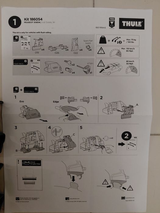 Kit de Fixação Thule 186054: Peugeot 308 SW (2014 a 2021)