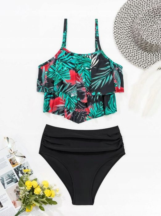 Strój Kąpielowy Dwuczęściowy Boho Liście Kostium Wysoki Stan Bikini Xl