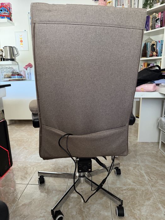 Cadeira de escritório com massagem, apoio para os pés e controle remoto, tecido com efeito linho
