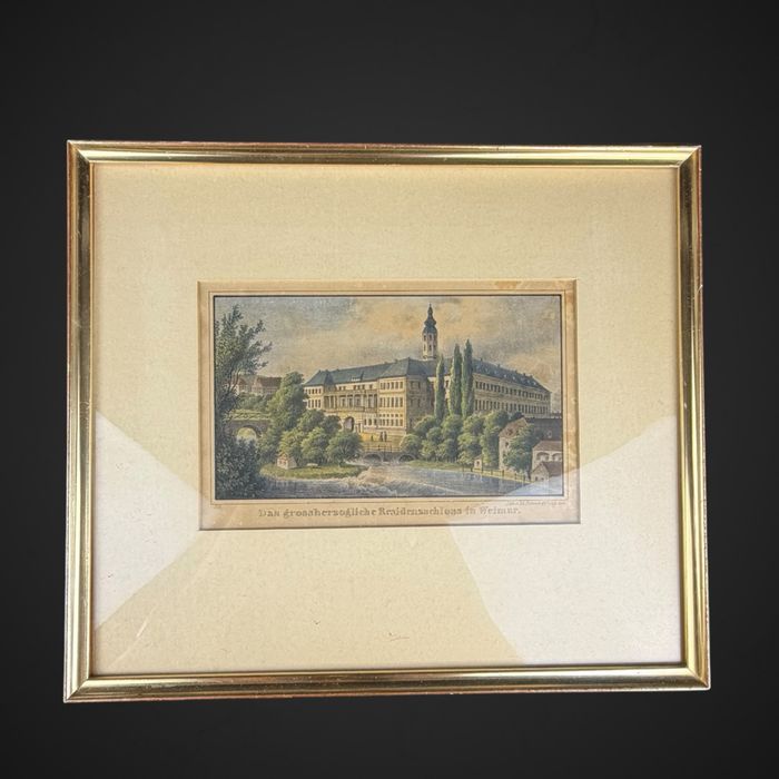 Zabytkowa litografia w ramie Zamek Rezydencjalny Weimar XIX w B6/072803