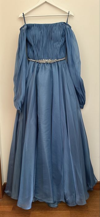 Vestido comprido de festa / cerimónia azul alta costura Maria França
